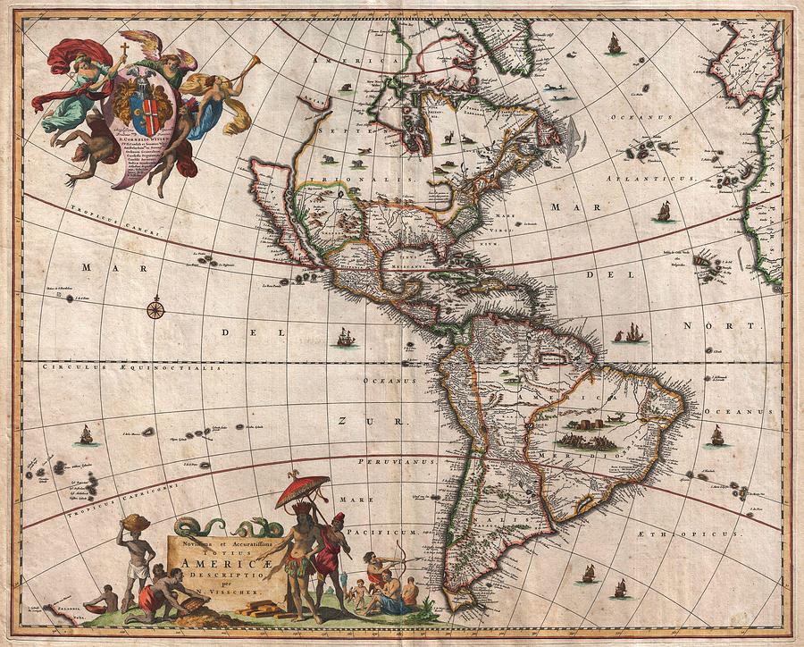 Old Cartographic Maps Antique Map of North and South America 1658